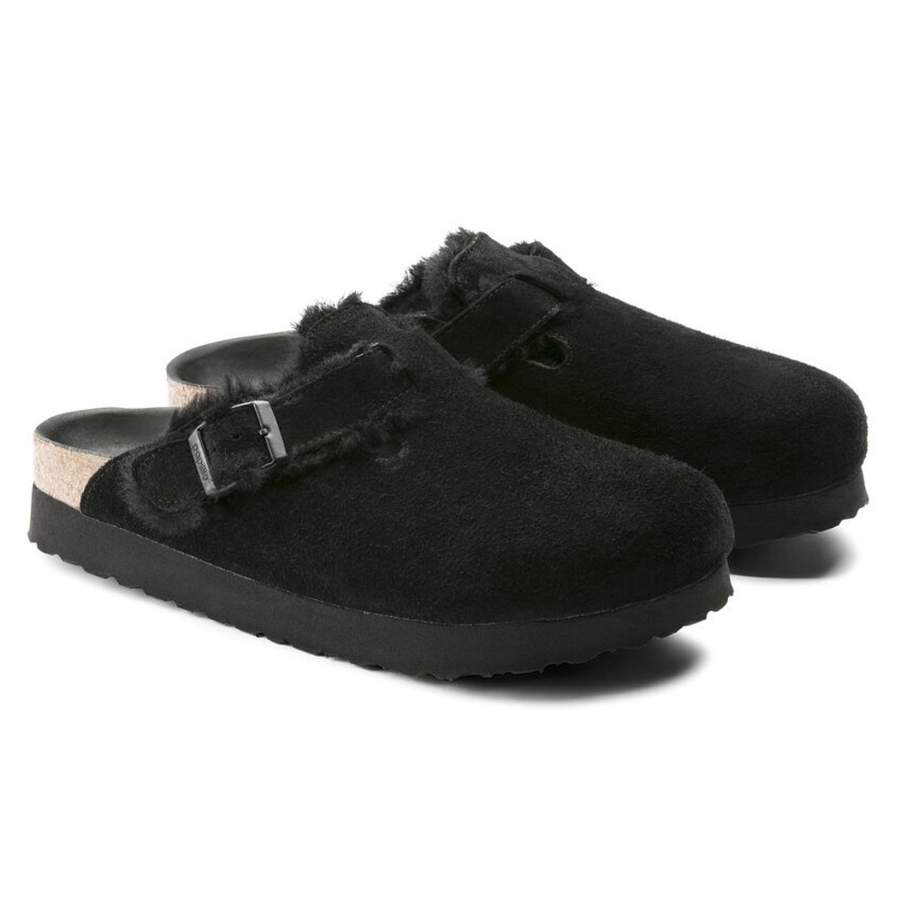 Black Birkenstock Papillio Platform Suede fur/shearling Boston Clog 9/10 40